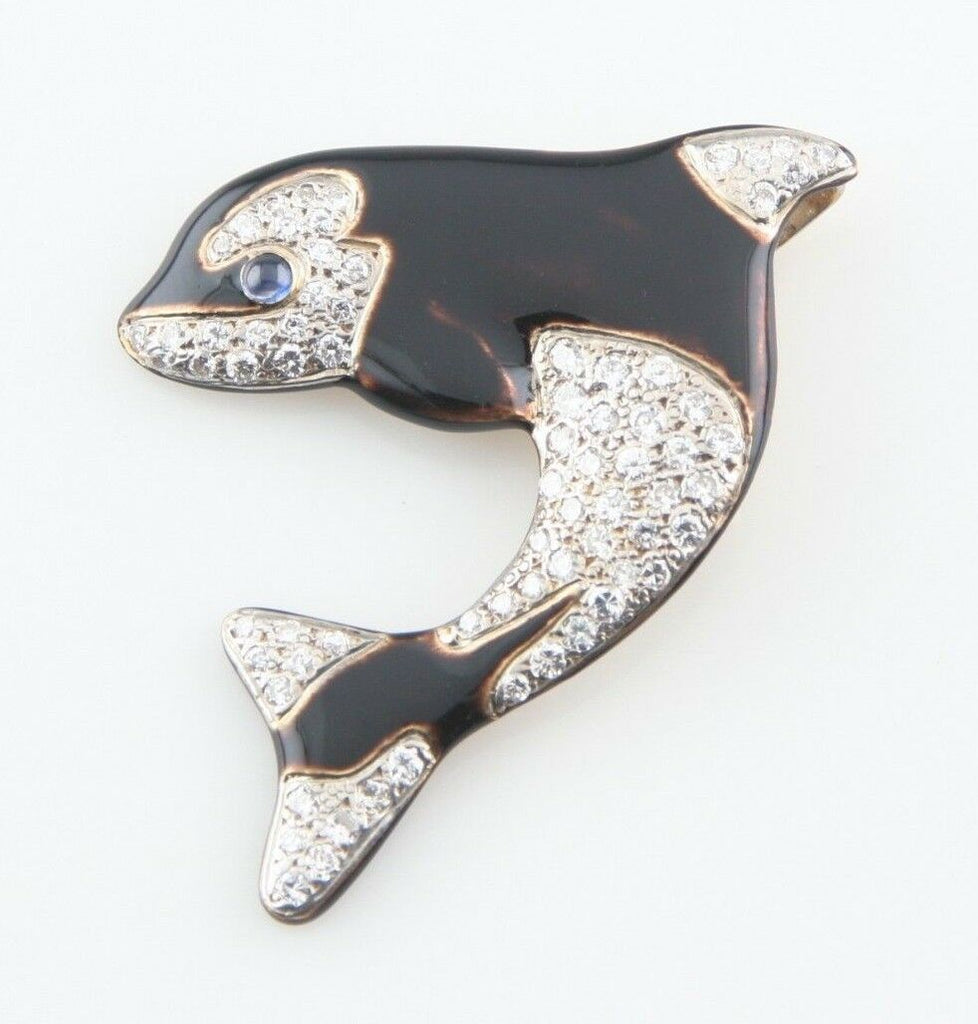 14k Yellow Gold Diamond & Black Enamel Killer Whale Orca Pendant/Brooch TDW=1.49