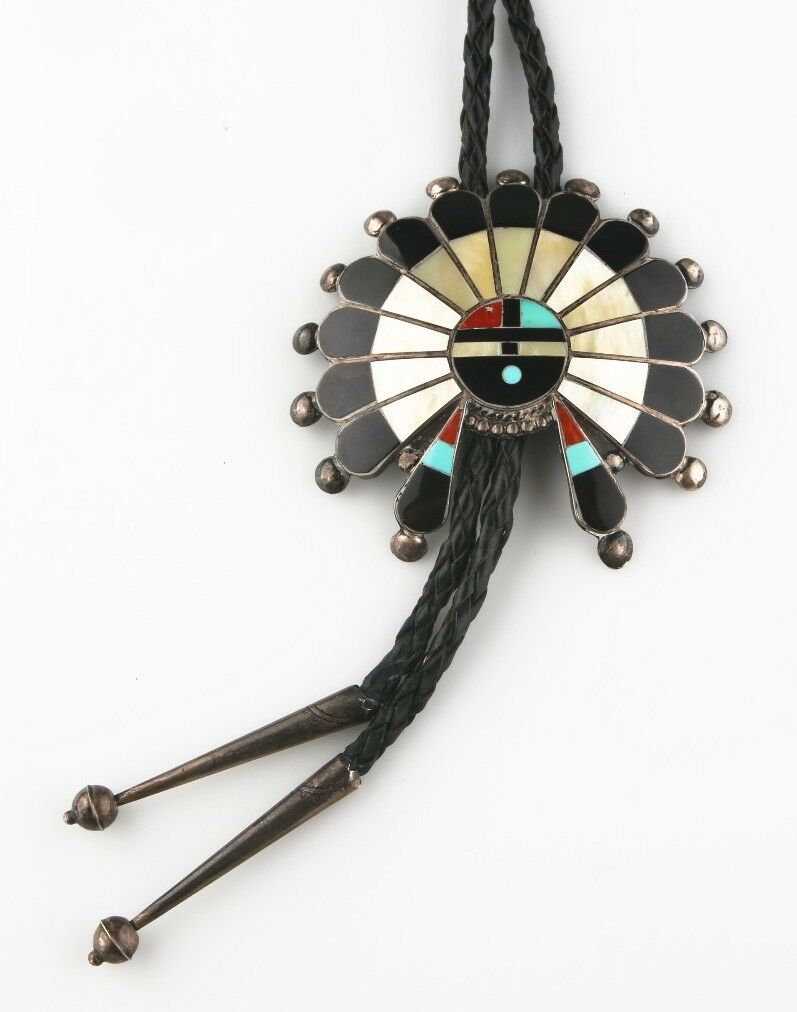 Vintage Silver Zuni Navajo Sunface Lapidary Inlay Bolo Tie Signed "TPB" Leather