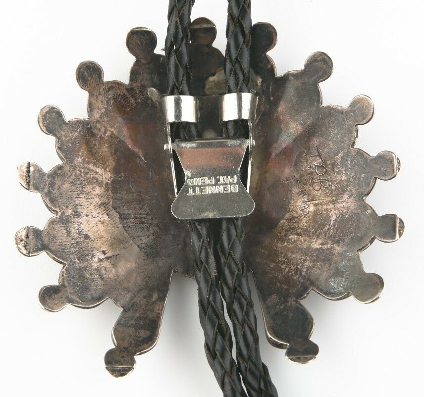 Vintage Silver Zuni Navajo Sunface Lapidary Inlay Bolo Tie Signed "TPB" Leather