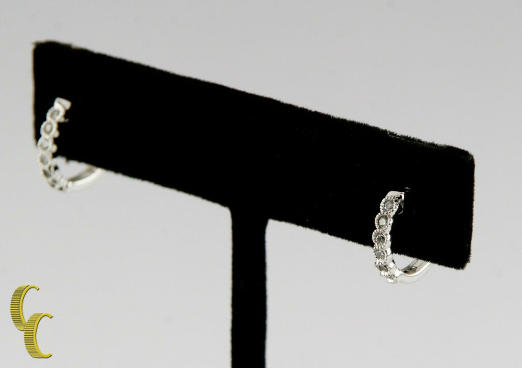 10k White Gold Diamond Hoop Earrings w/ Snapbacks TDW = 0.10 ct 14 mm Diameter