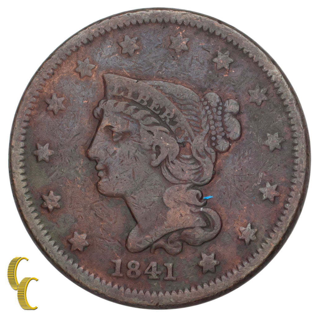 1841 Braided Hair Large Cent 1C Penny (Fine+, F+ Condition)