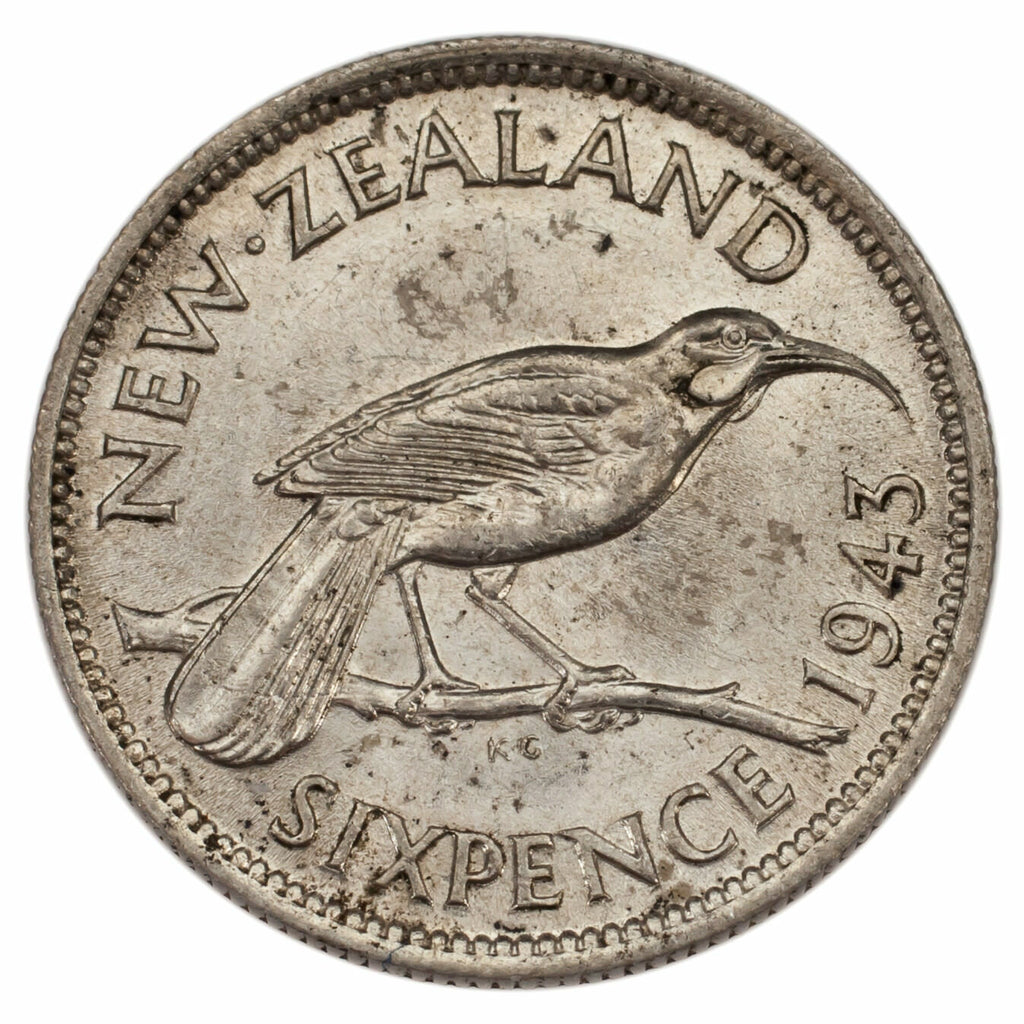 1943 New Zealand 6 Pence Uncirculated Condition KM #8 Silver Coin