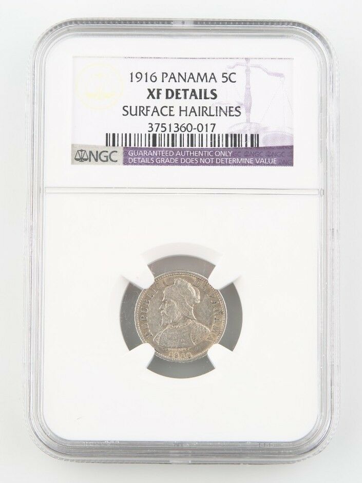 1916 Panama 5 Centesimos Silver Coin XF Details NGC Low Mintage 5c KM-2