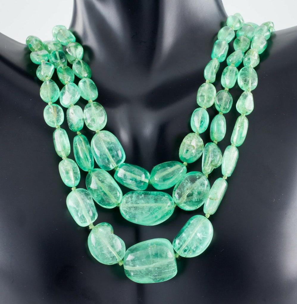 Polished Emerald 400 Carat Three-Strand Necklace with Diamond 14k Gold Clasp