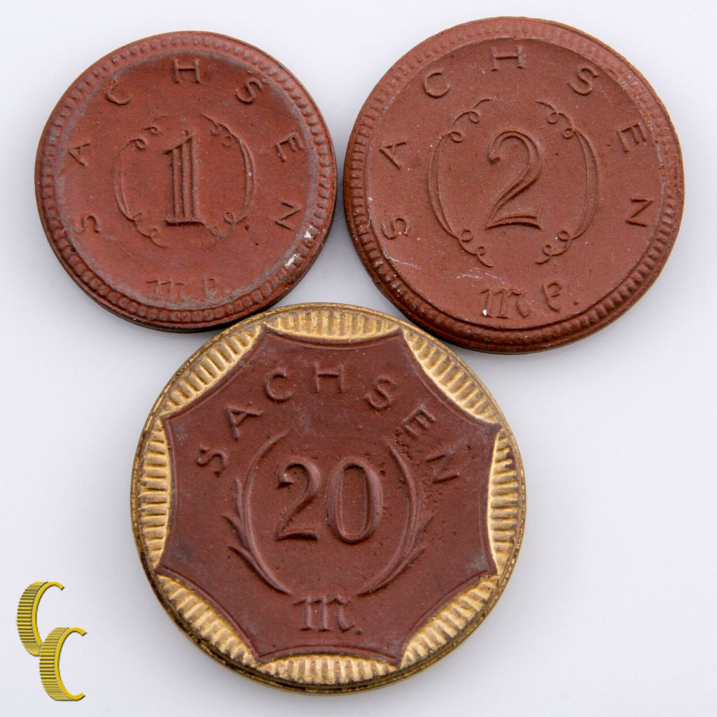 1921 Germany Saxony 1, 2, 20 Mark Coins 3 Piece Lot Porcelain Stoneware