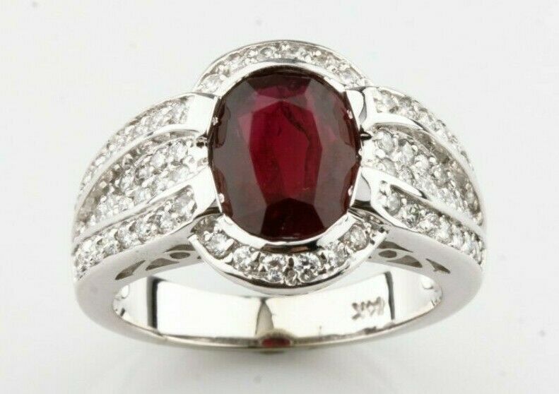 14k White Gold Oval Natural Ruby Ring w/ Diamond Accents TCW = 3.49 ct