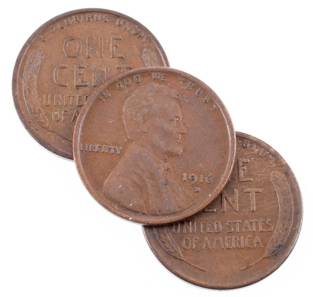 Lot of 3 Lincoln Cents (1916-P/D/S) in XF+ to AU Condition, Brown Color