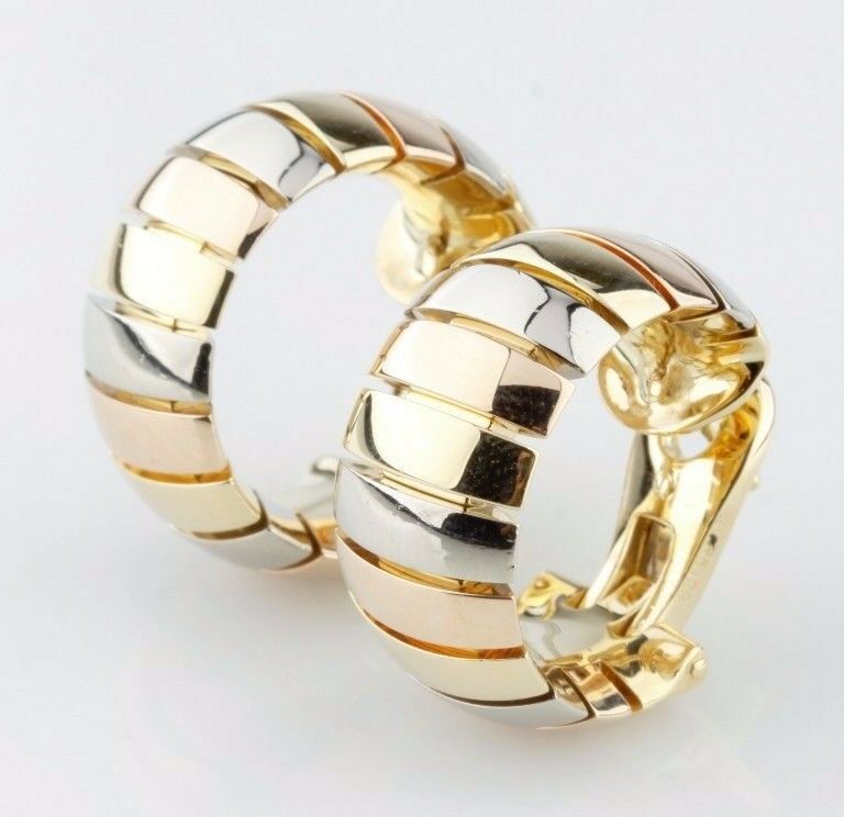 Cartier Gas Pipe Style 18k Gold Tri-Color Clip Hoop Earrings Circa 1990