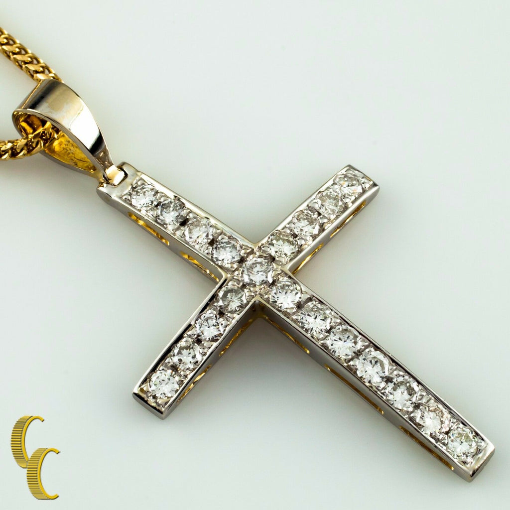 14K White Gold Cross Diamond Pendant W/ 10k Yellow Gold Chain