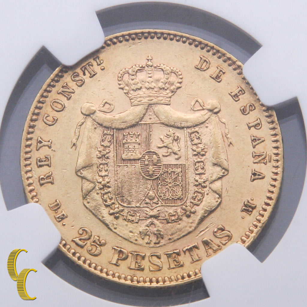 1877(77)-DEM Spain Gold 25 Pesetas Coin Graded by NGC as AU 55