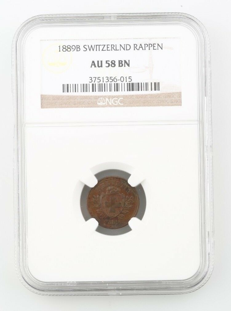 1889-B Switzerland 1 Rappen Coin Slabbed AU 58 BN NGC Graded Swiss KM 3.1
