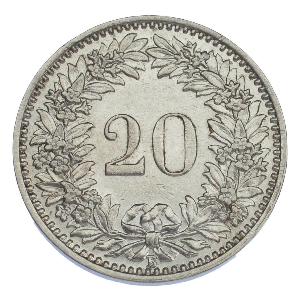 1933 Switzerland 20 Rappen Coin (About Uncirculated, AU Condition) KM# 29