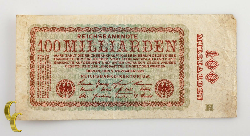 1923 Germany 100 Miliarden (VF) Very Fine Condition