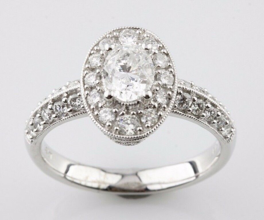 1.24 carat Oval Diamond 18k White Gold Engagement Ring Accents Size 6.5