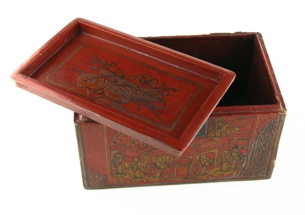 Antique Chinese Red & Gold Lacquer Wooden Box Hand-Painted Qing Dynasty w/ CoA