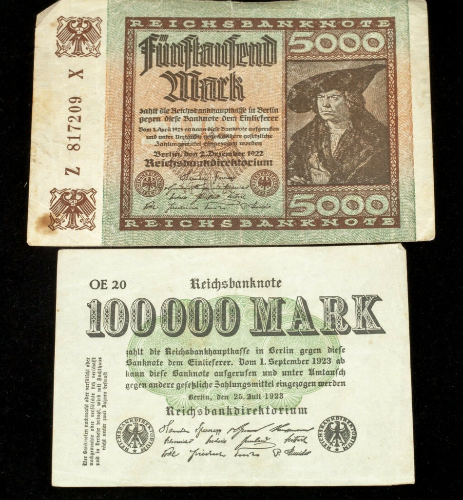 1922-1923 Germany 5pc Currency Set Weimar Republic Banknotes 100-10 million Mark