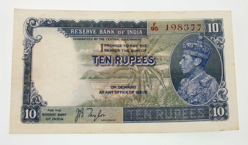 1937 India Ten Rupees Note Pick #19a About Uncirculated Condition