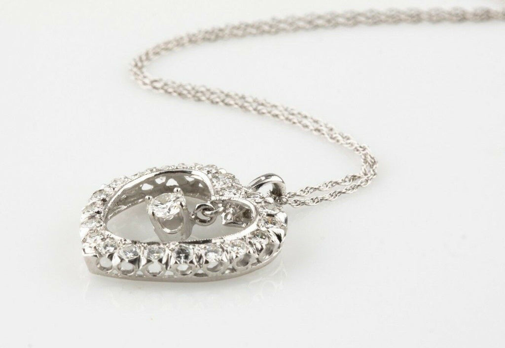 Diamond Heart Pendant Center Drop 1.55 Carat Diamond 14k White Gold Necklace