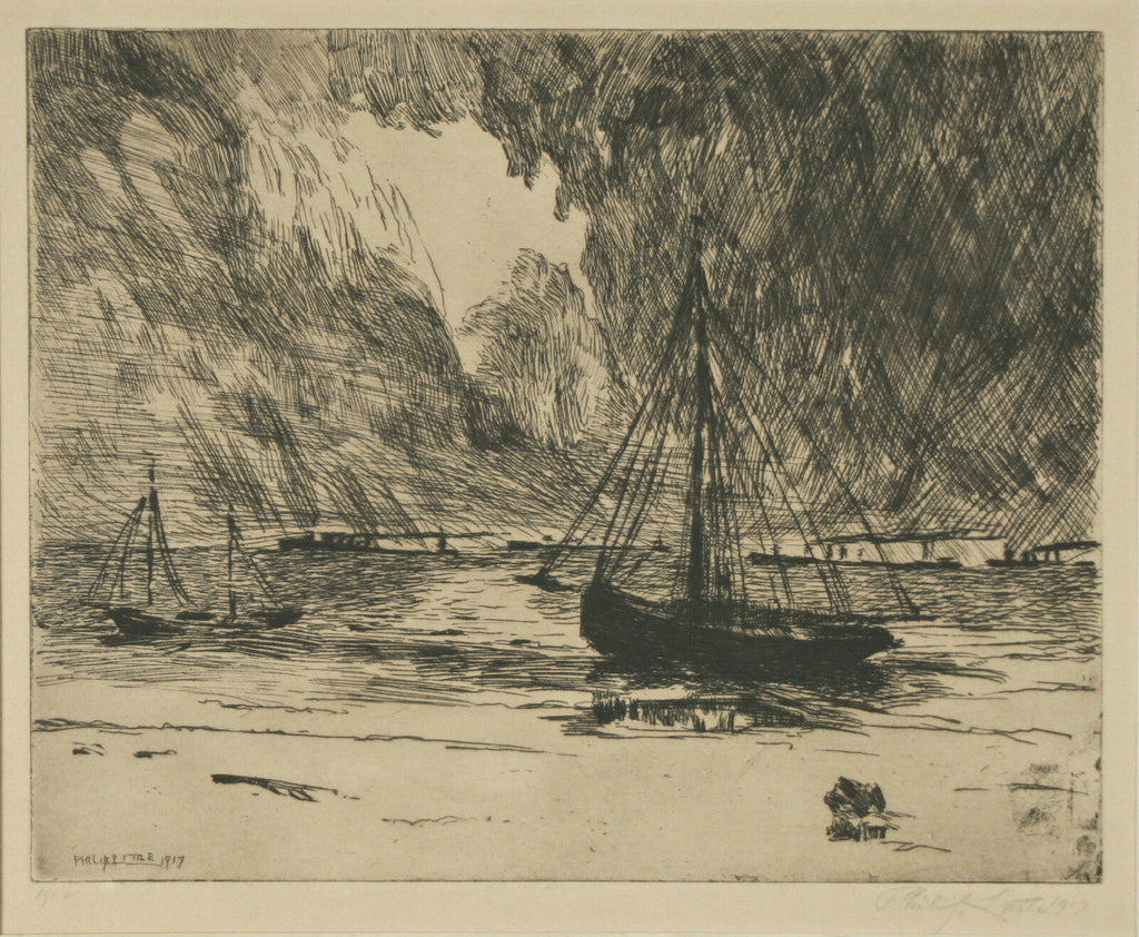 "Coming Storm, Destroyers Going to Sea" By Philip Little 1917 Signed Etching