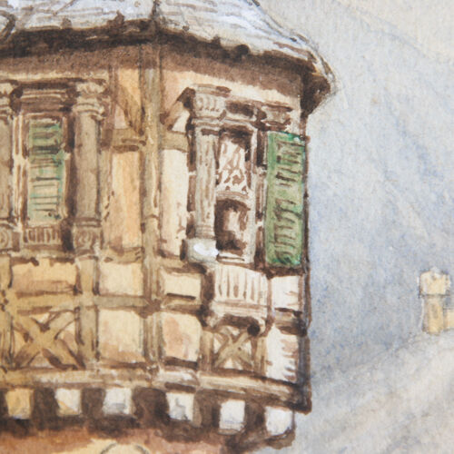 Untitled Medieval House by Lake Watercolor on Paper Unknown Artist 10.5" x 7.5"