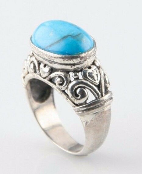 Vintage Sterling Silver Ring with Oval Light-Blue Turquoise (Size 6) Intricate