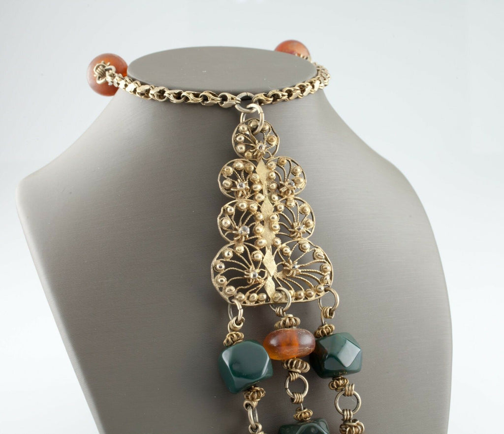 Gold-Plated Bedouin Filigree Necklace Amber and Bloodstone Gorgeous!