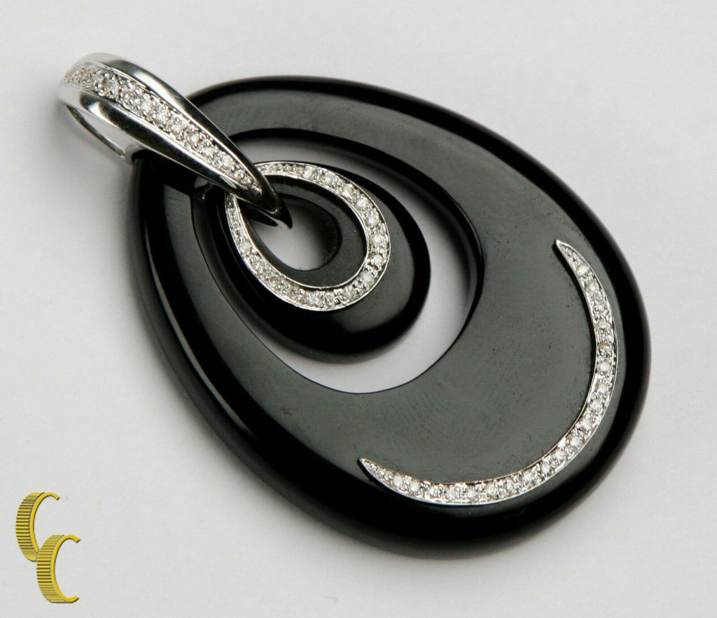 Women's 18k White Gold Oval Shaped Black Onyx & Diamond Pendant