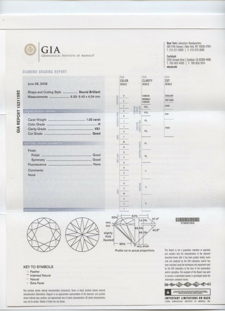 1.02 Carat Loose H / VS1 Round Brilliant Cut Diamond GIA Certified
