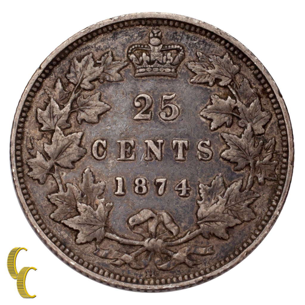 1874-H Canada 25 Cents Coin (VF) Very Fine Condition