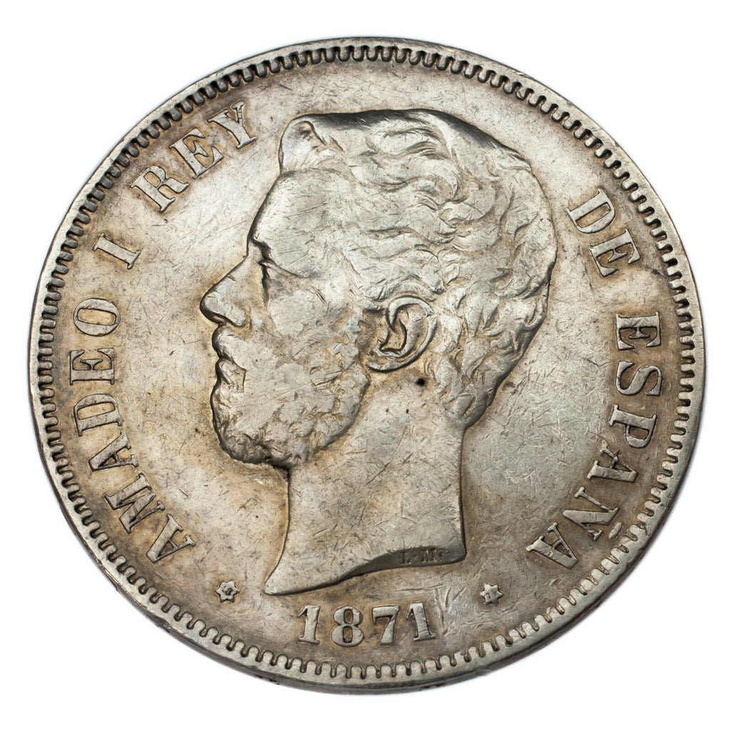 1871 (74) DR-M Spain 5 Pesetas Silver Coin in XF, KM# 666