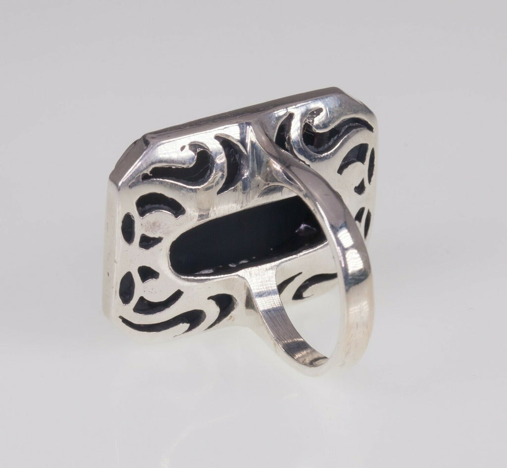 Rectangular Onyx and marcasite Sterling Silver Ring SZ 6
