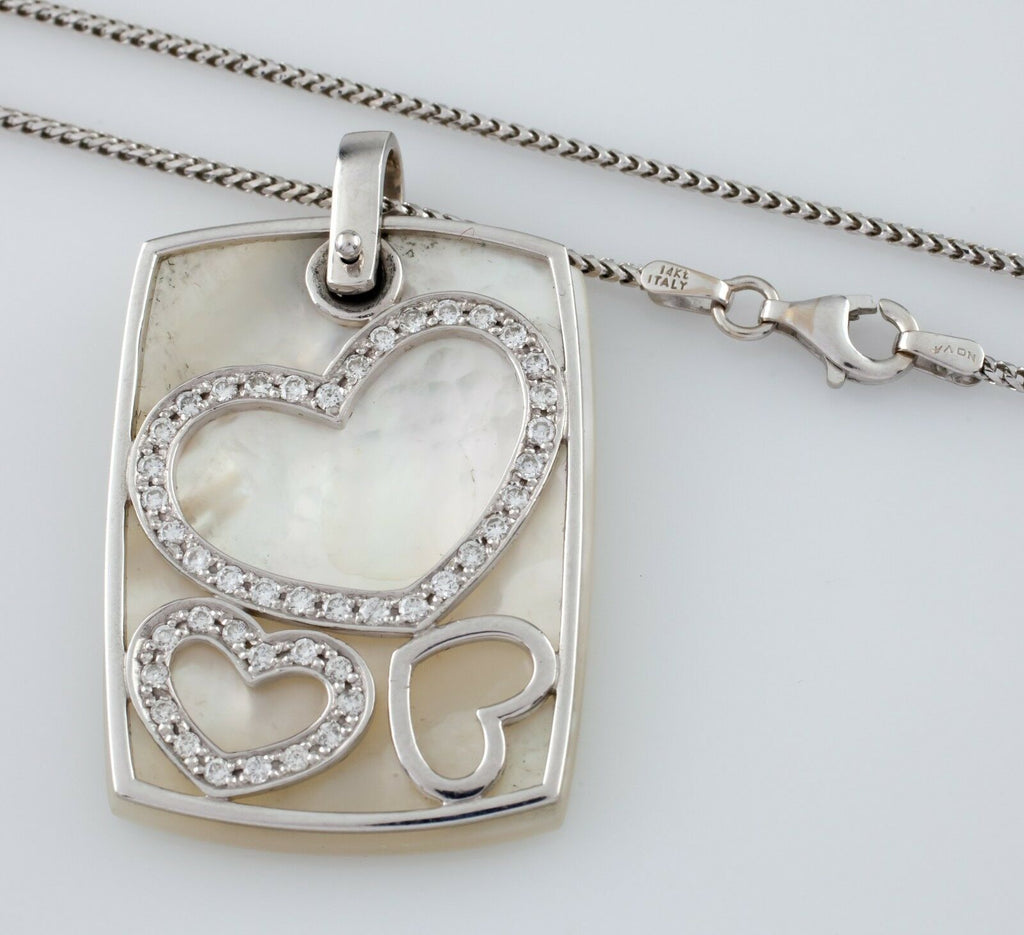 14k White Gold Mother-of-Pearl and Diamond Heart Pendant w/ 17" Chain