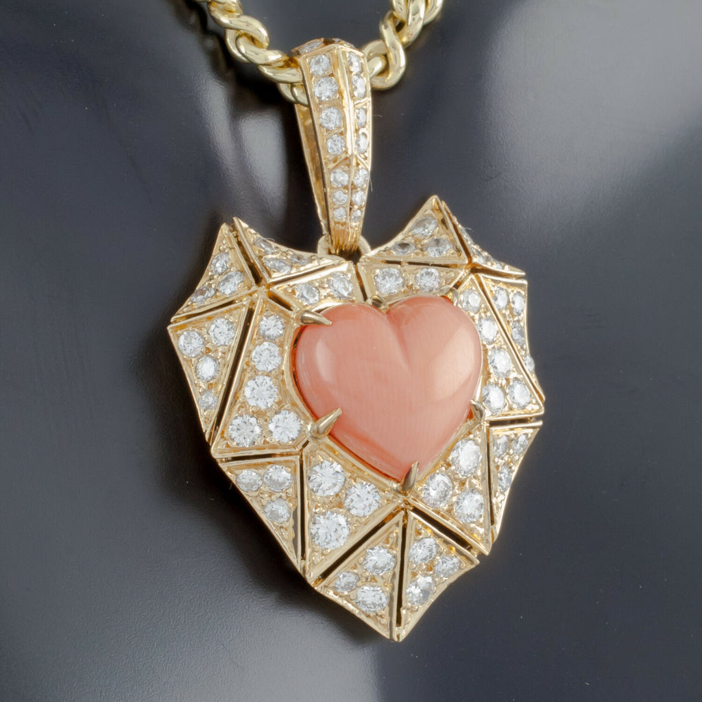 Bulgari Bvlgari High Jewelry 18k Yellow Gold Diamond and Coral Heart Pendant
