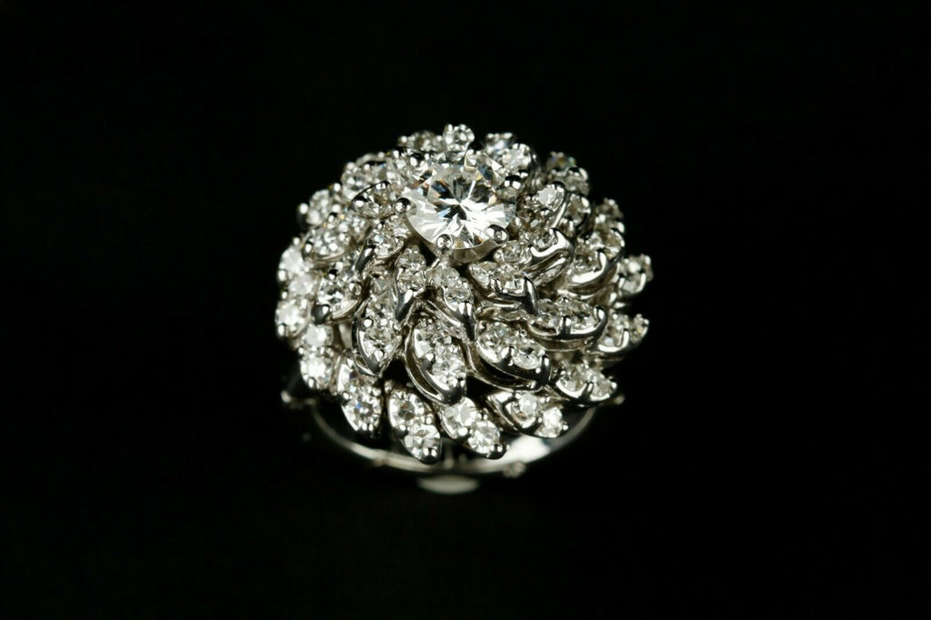 14k White Gold Diamond Dome Cocktail Ring w/ .85 ct Center Stone Size 8 Nice!
