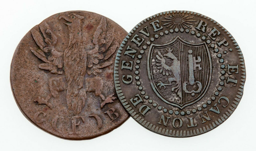 Lot of 2 Coins 1821 German States Frankfurt Heller and 1817-H Geneva 1 Sol VF-XF