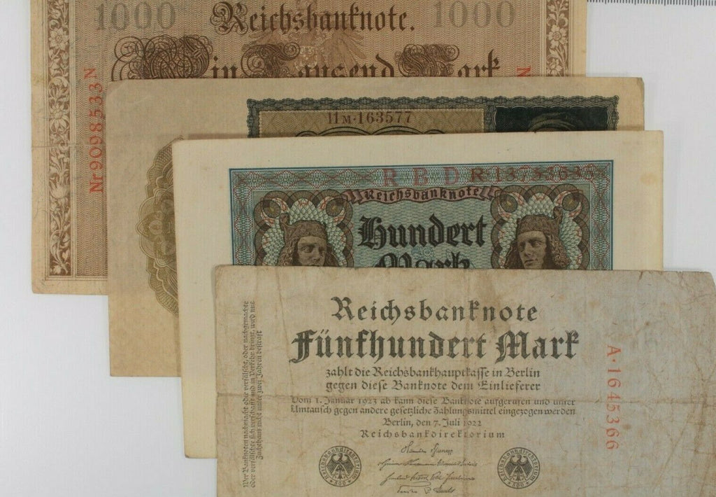 1910-1922 Germany 4-Notes Currency Set // 100 500 1000 10,000 Mark Bills