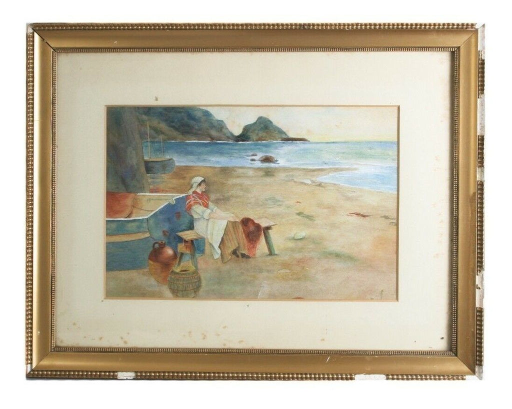 Untitled Watercolor Woman on Seashore Unknown Artist 18" x 23" Gorgeous Piece!