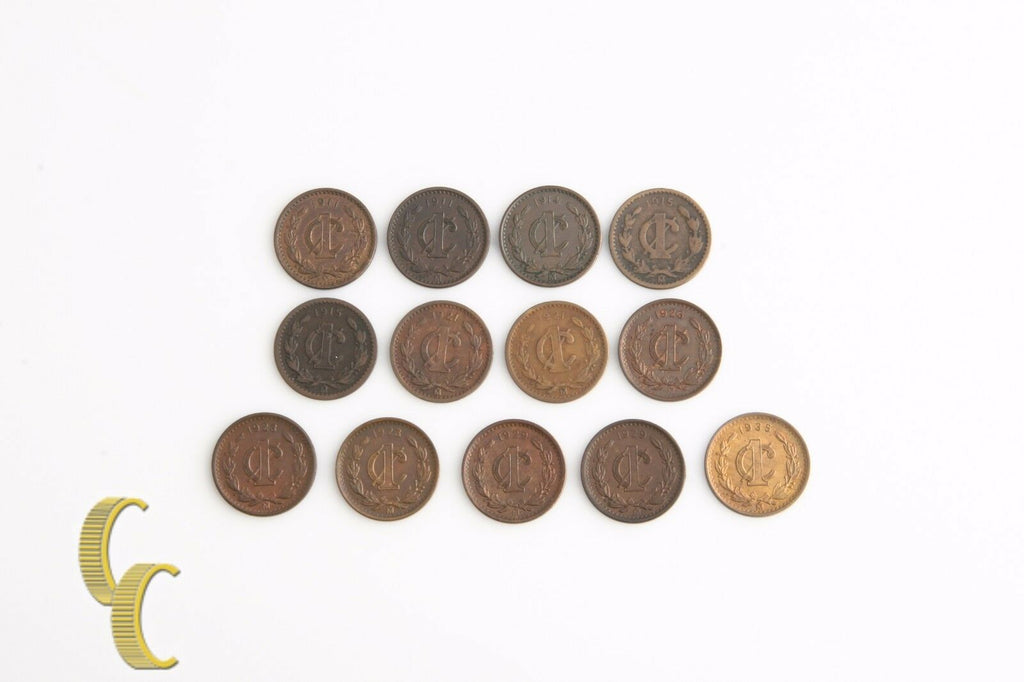 1911-1935 Mexican Un Centavo Lot (Fine-UNC, 13 coins) Mexico City Mo 1c KM-415