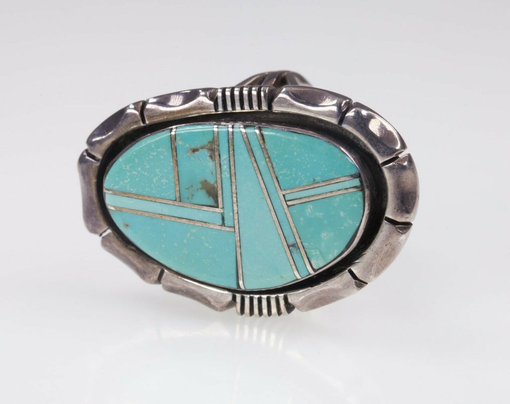 Exquisite Fred Maloney Turquoise Inlay Sterling Silver Ring SZ: 7.50