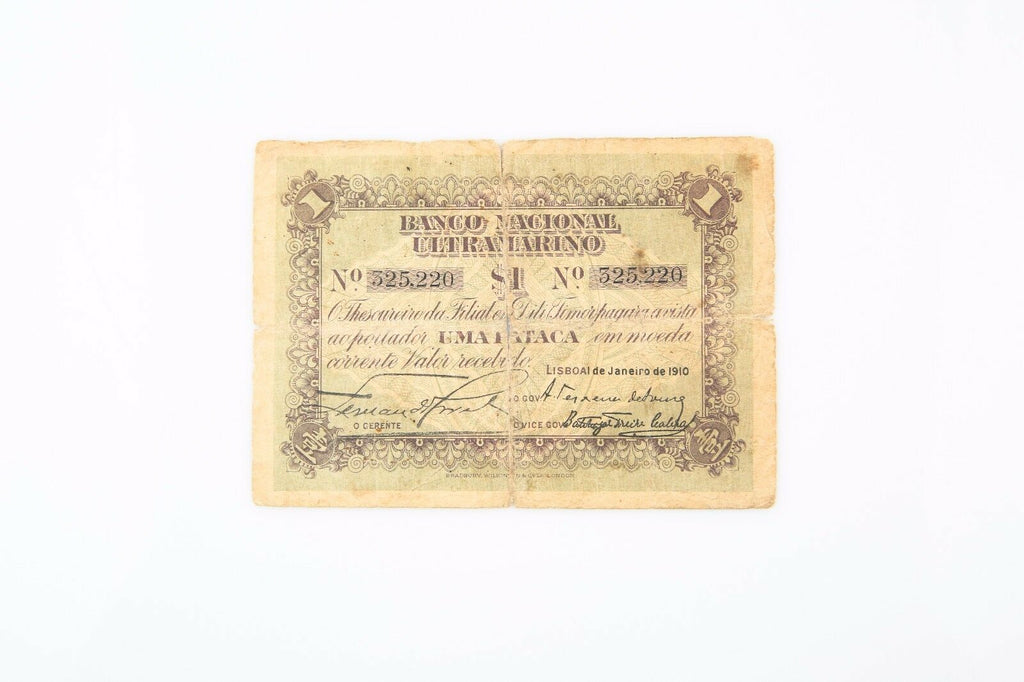 1910 Timor 1 Pataca Note Banco Nacional Ultramarino Portuguese VG P#1