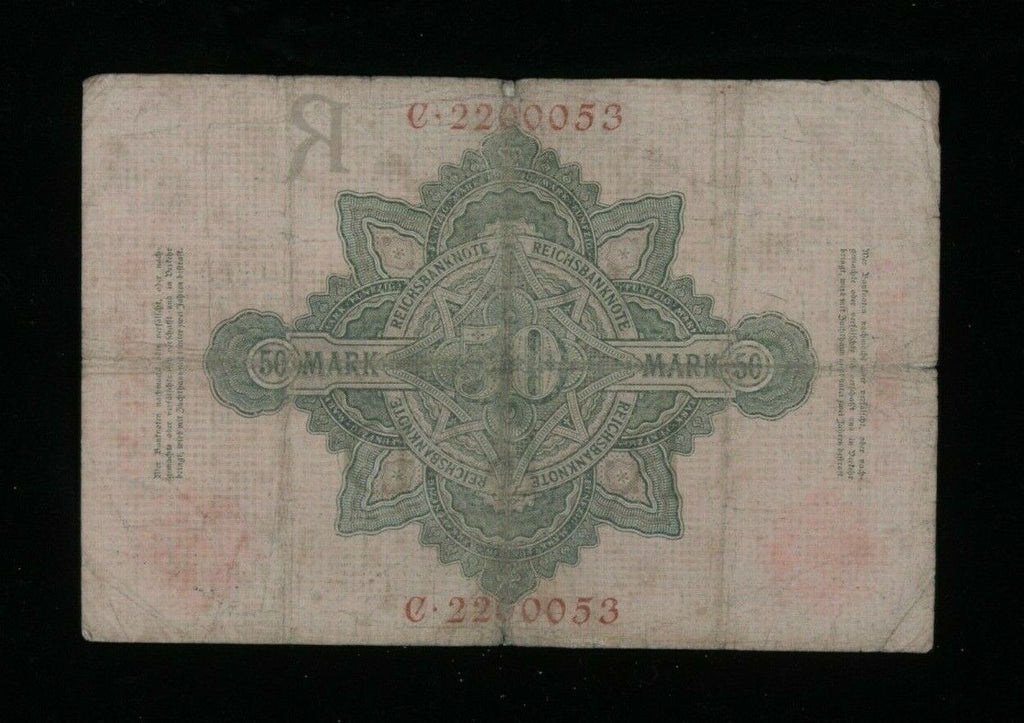 1908 Germany 50 Mark Imperial Banknote of the German Empire // Fine (F) Pick#32