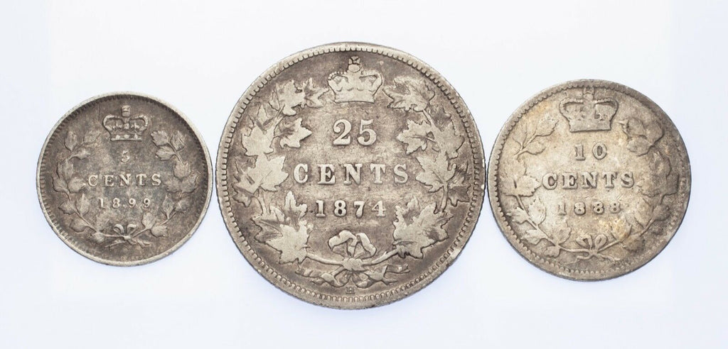 1899 5C, 1888 10C, 1874 25C Silver Canada Lot of 3 Coins (VG-VF Condition)