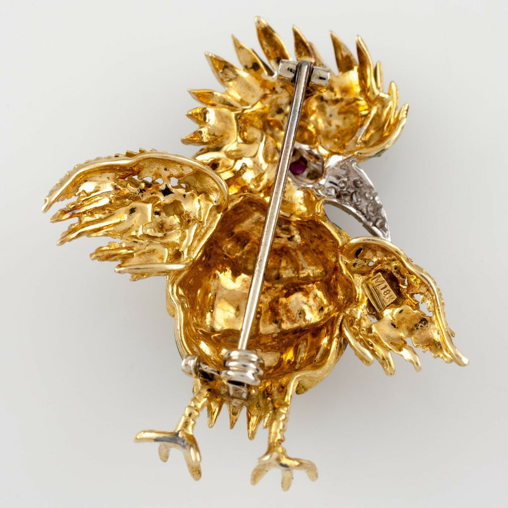 18K Yellow Gold Diamond and Ruby Green Enamel Bird Brooch