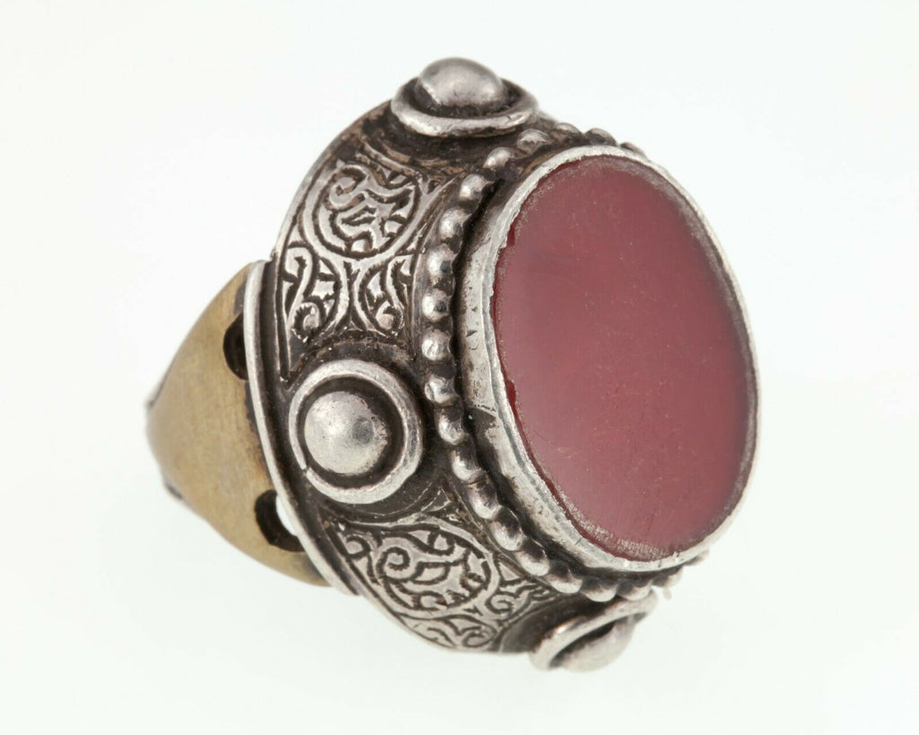 Silver and Brass Afghan Vintage Ring with Carved Flat Carnelian Stone Size 6