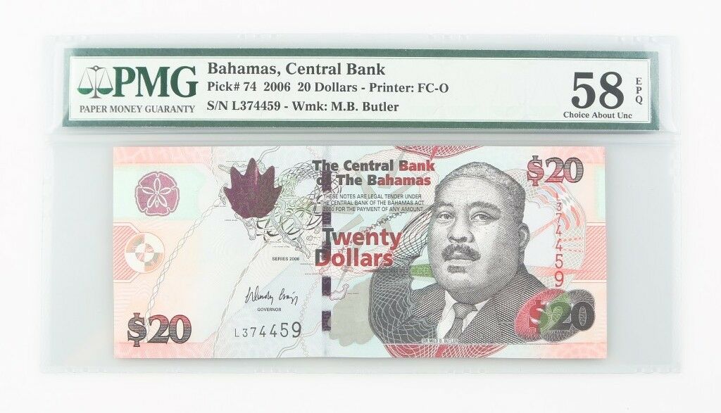 2006 Bahamas 20 Dollar Choice AU-58 EPQ Central Bank $20 About Uncirculated P#74