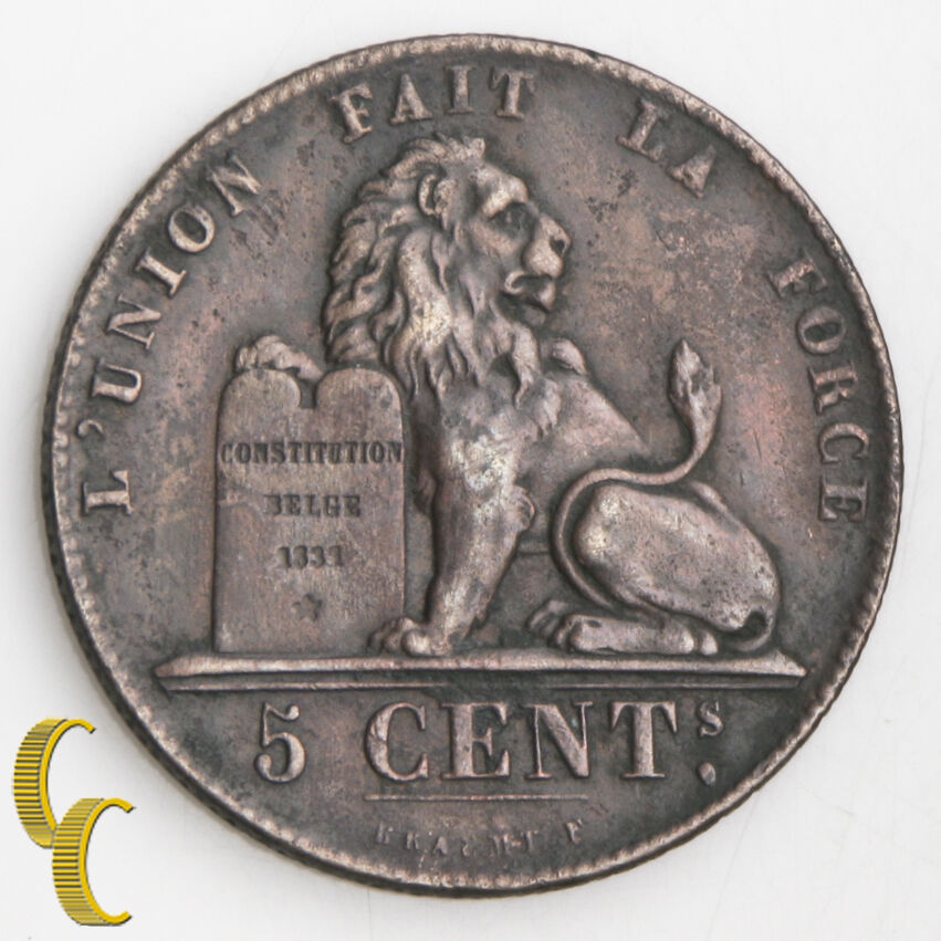 1857 Belgium 5 Centimes (Very Fine+, VF+) Leopold Lion Tablet 5c Belges KM#5.1