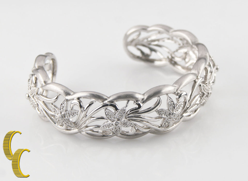 Gorgeous Sterling Silver Filigree Cuff Bracelet with Diamond-Studded Flowers