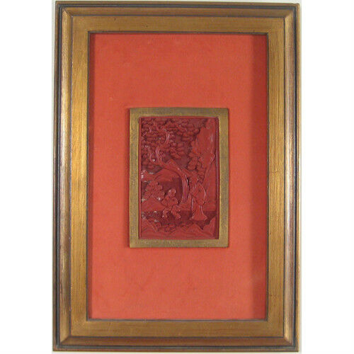 Pair of (2) Framed Antique Asian Cinnabar Carvings 11 7/8"x17" Each