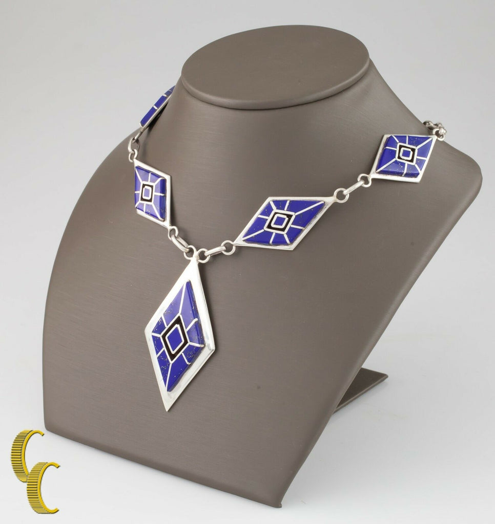 .925 Sterling Silver & Lapis Diamond Shaped Navajo Necklace
