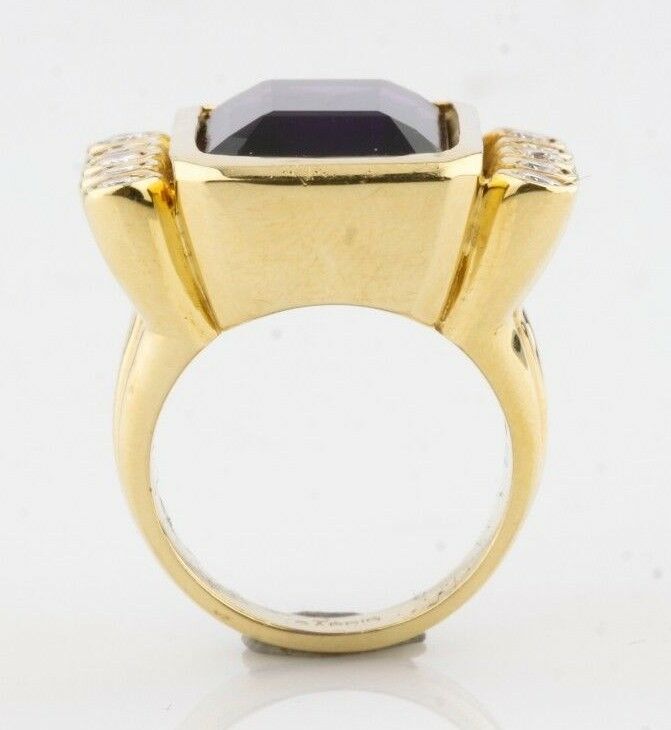 Amethyst & Diamond 18k Yellow Gold Emerald Cut Retro Ring Size 6.75